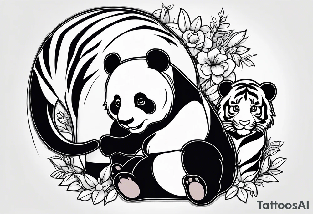Baby panda and baby tiger passing a ball, clip art style tattoo idea