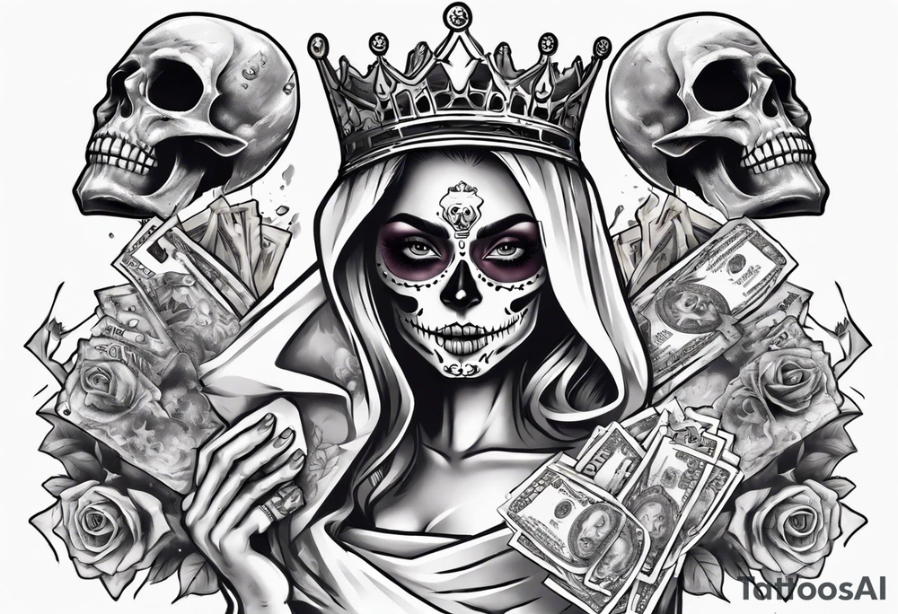 santa la muerta with money and crown
on the card tattoo idea