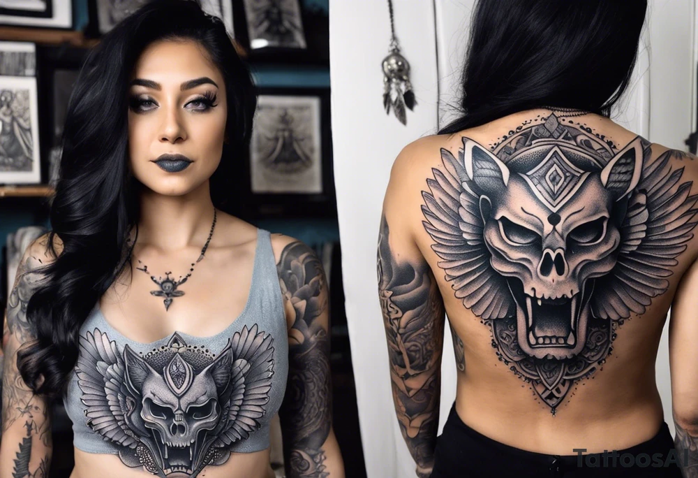 black kali, goddess pirate, alien, angel, pachamama, valkrye, warrior, flying, skull, lotus azul, wing, eagle, zenza resonance, stars, 5D, anahata chakra, death, durga, riding on a tiger, flying lady, chest tatoo tattoo idea