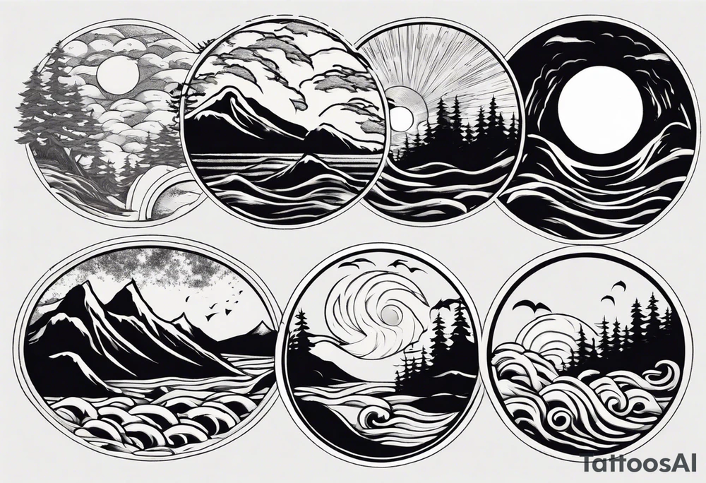 daytime yin with sun and ocean waves imagery in style of Hokusai with night time yin with moon and fir trees and mountains. edges should be blurred tattoo idea