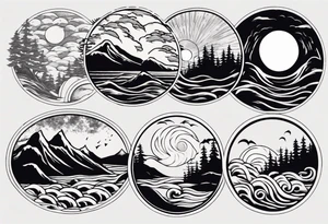 daytime yin with sun and ocean waves imagery in style of Hokusai with night time yin with moon and fir trees and mountains. edges should be blurred tattoo idea