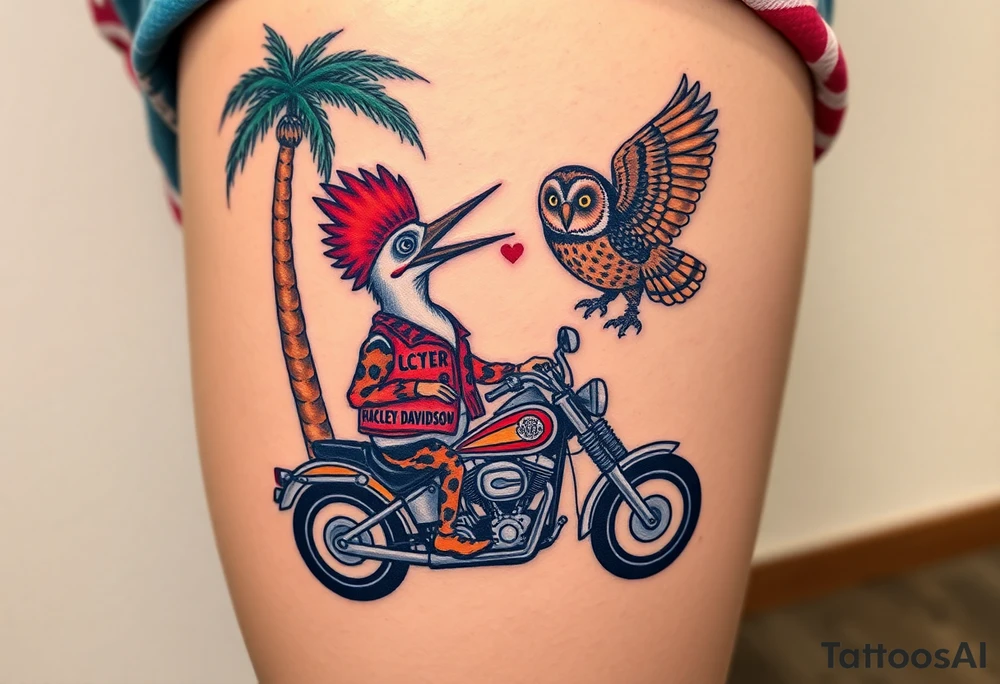 Woody the woodpecker wearing a leather vest that says peckerwoods, on a Harley Davidson under a palm tree, gazing in love at a barn owl tattoo idea