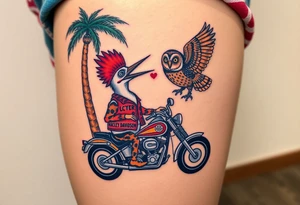 Woody the woodpecker wearing a leather vest that says peckerwoods, on a Harley Davidson under a palm tree, gazing in love at a barn owl tattoo idea