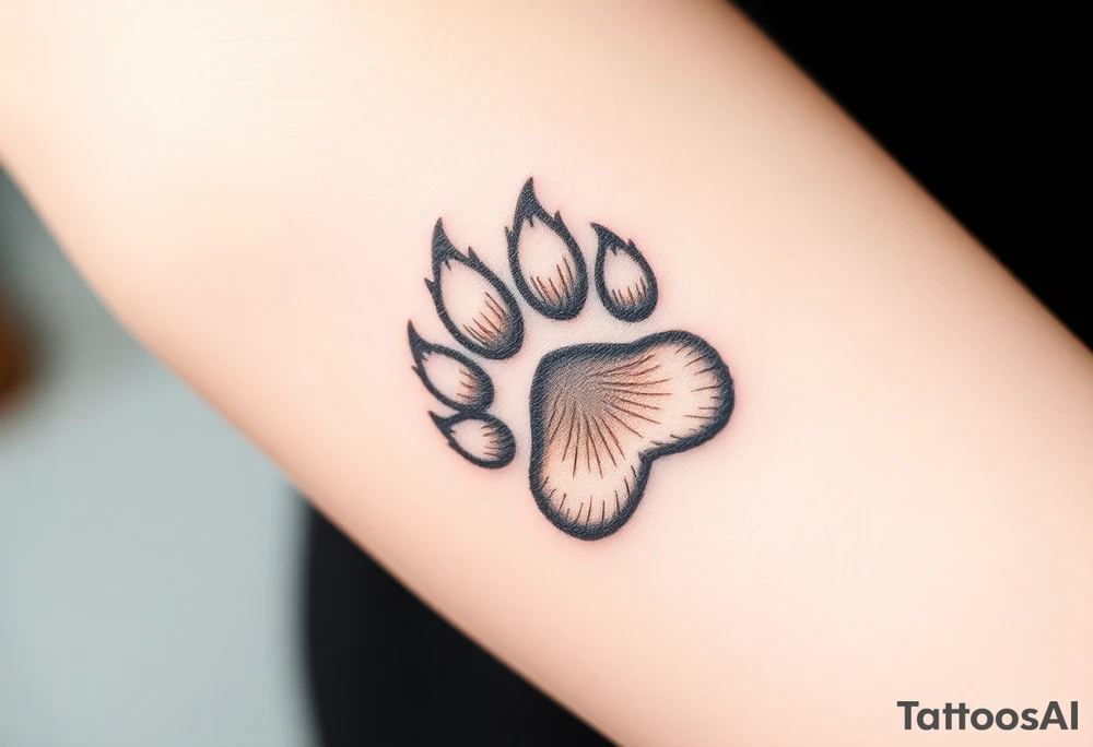 A detailed cat paw print with soft fur textures, using natural tones of cream, gray, and light brown for a delicate and cozy feel and heart tattoo idea