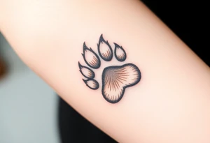 A detailed cat paw print with soft fur textures, using natural tones of cream, gray, and light brown for a delicate and cozy feel and heart tattoo idea