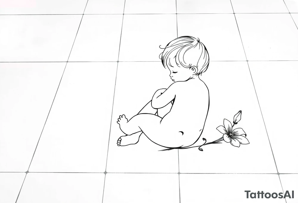 A simple tile floor with a minimalist outline of a curled up child sitting on the floor with a lily next to her tattoo idea