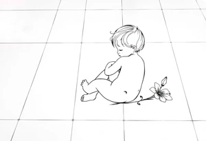 A simple tile floor with a minimalist outline of a curled up child sitting on the floor with a lily next to her tattoo idea