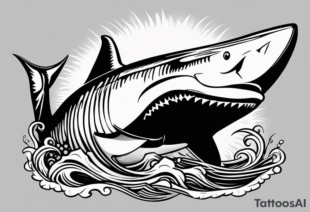megalodon ni text vertically with the cute shark and the water wrapping around the text tattoo idea