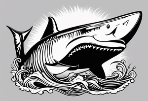 megalodon ni text vertically with the cute shark and the water wrapping around the text tattoo idea