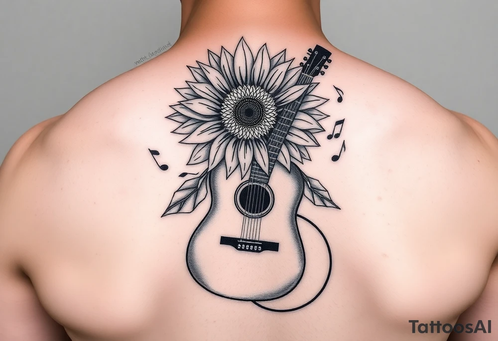 sunflower with guitar angling behind with music notes flowing through with a
 microphone tattoo idea