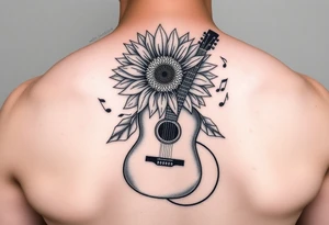 sunflower with guitar angling behind with music notes flowing through with a
 microphone tattoo idea