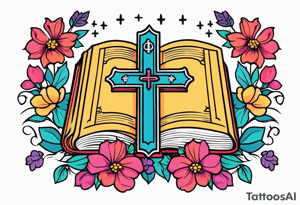 front of bible with cross on bible surrounded by flowers
colorful bold colors tattoo idea