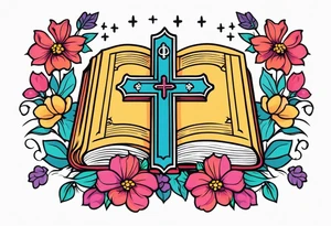 front of bible with cross on bible surrounded by flowers
colorful bold colors tattoo idea