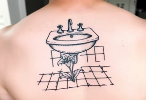 bathroom sink on tile floor with lily coming up out of the floor tattoo idea