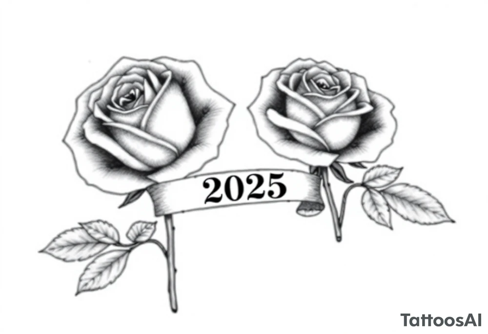 two beautiful large rose buds, one larger than the other, with lots and lots of leaves next to the rose buds, with one sitting slightly higher than the other, side-by-side.  Include a banner connecting the two roses with the year 2025 on it.   Use dark outlines with little shading. Remove all stems from the roses. tattoo idea
