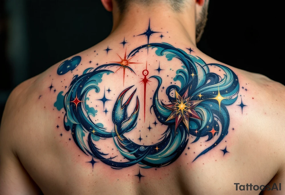 The Cancer zodiac in bold red sits at the heart of a swirling indigo and emerald star constellation. tattoo idea