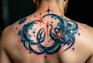 The Cancer zodiac in bold red sits at the heart of a swirling indigo and emerald star constellation. tattoo idea