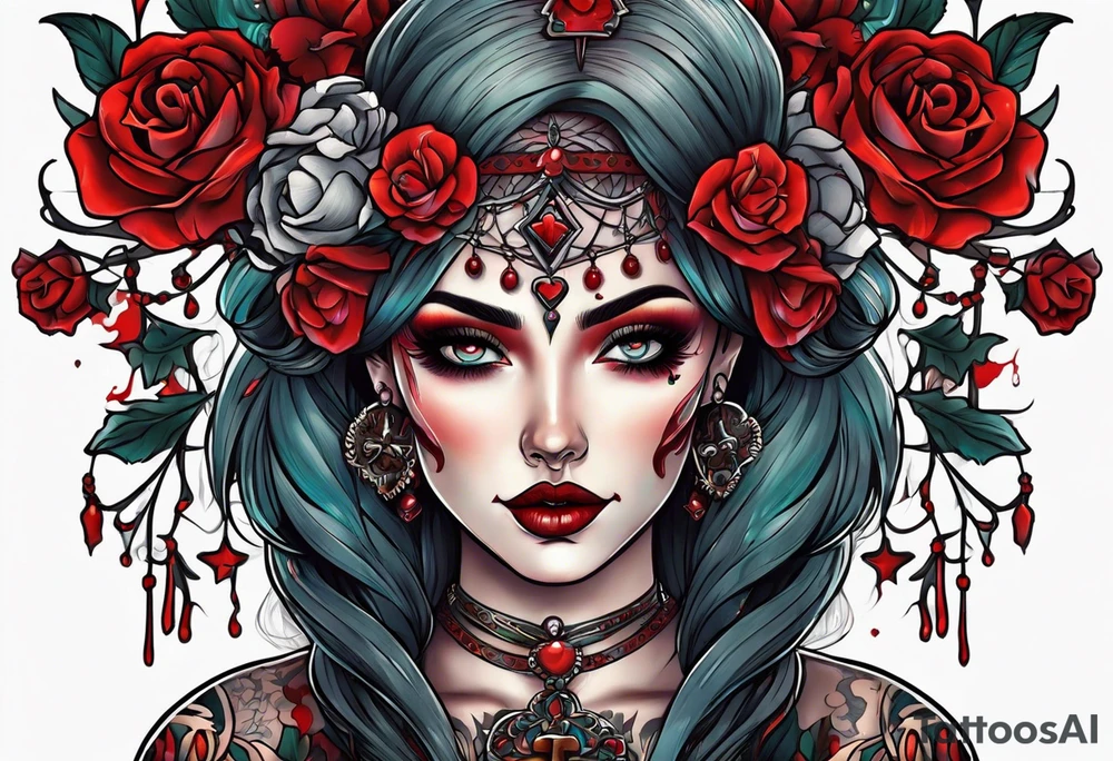 Bright bold Neo traditional tattoo woman with skulls and blood. Crosses for eyes tattoo idea