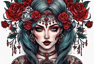 Bright bold Neo traditional tattoo woman with skulls and blood. Crosses for eyes tattoo idea