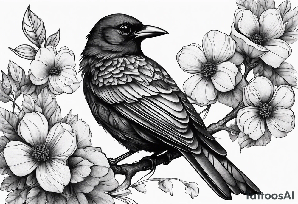 A black bird with its wings up on a branch with flowers tattoo idea