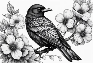 A black bird with its wings up on a branch with flowers tattoo idea
