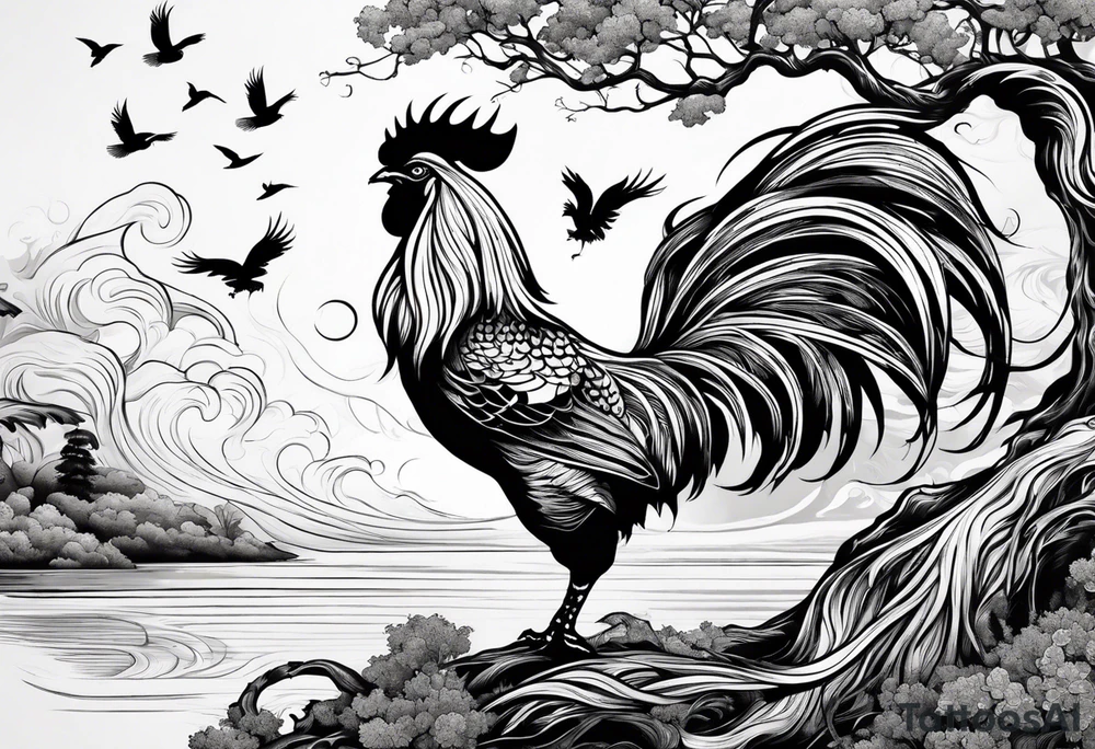 oak tree with rooster and roots and waves and three birds tattoo idea
