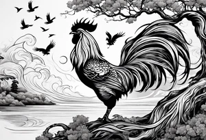 oak tree with rooster and roots and waves and three birds tattoo idea