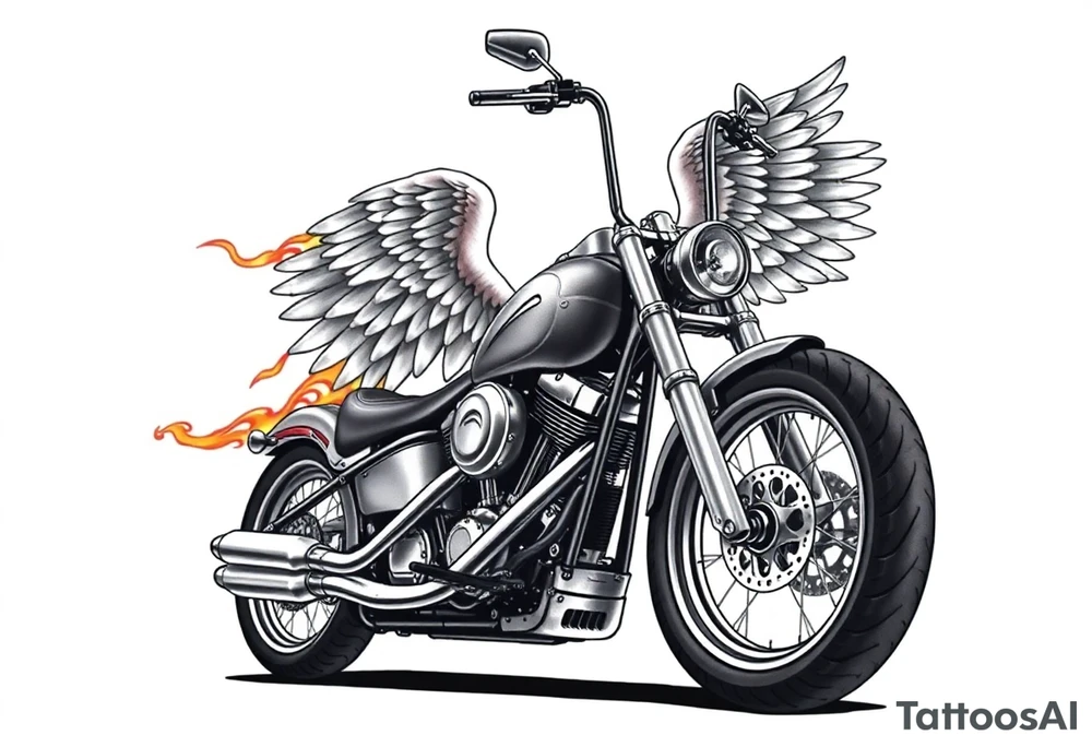 Low rider grey motorcycle, big muffler pipes with flames, angel wings, driving away, no person tattoo idea