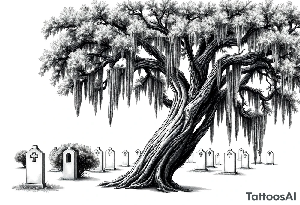 Oak tree with Spanish moss in a cemetery tattoo idea