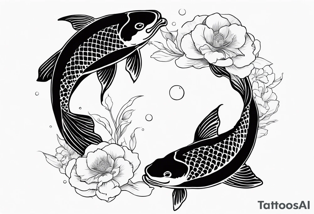 2 Koi fish swimming around Taurus birth flower tattoo idea