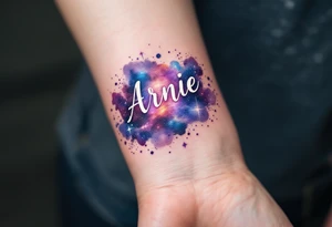 A galaxy-style tattoo with deep purples and blues, spelling out the son's name Arnie in nebula. tattoo idea