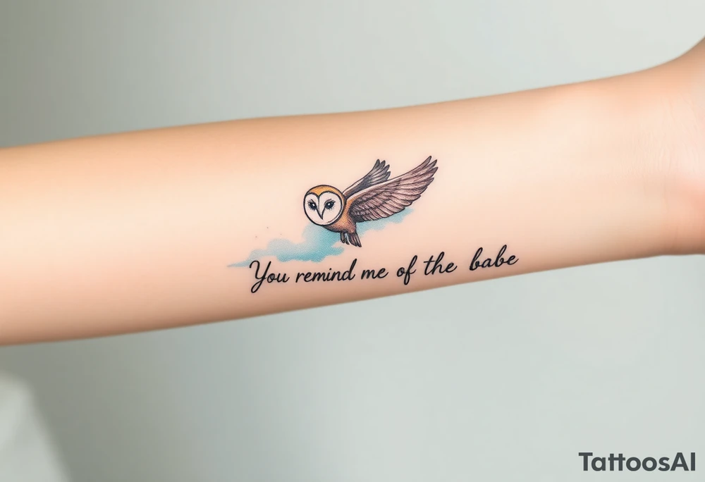 Small barn owl in flight with water color background and “You remind me of the babe” in script tattoo idea
