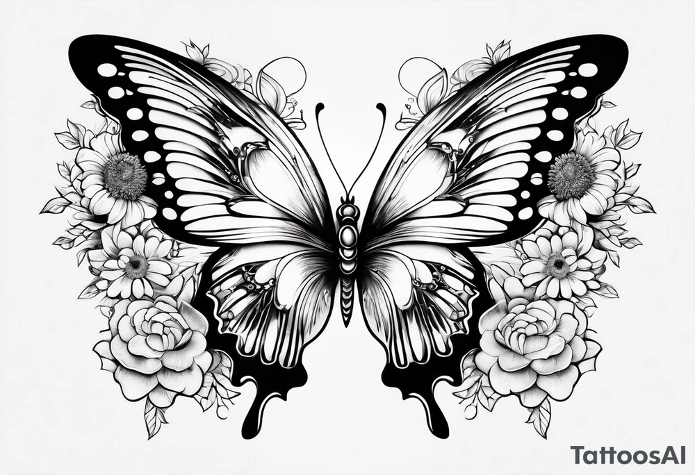 Half butterfly half angel wings with chrysanthemum flower tattoo idea