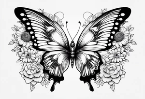 Half butterfly half angel wings with chrysanthemum flower tattoo idea