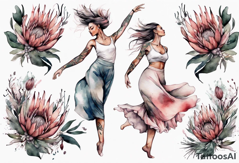 Very feminine tattoo with a woman dancing in a wind of protea flowers tattoo idea