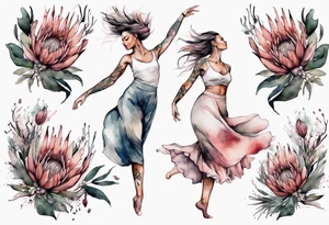 Very feminine tattoo with a woman dancing in a wind of protea flowers tattoo idea