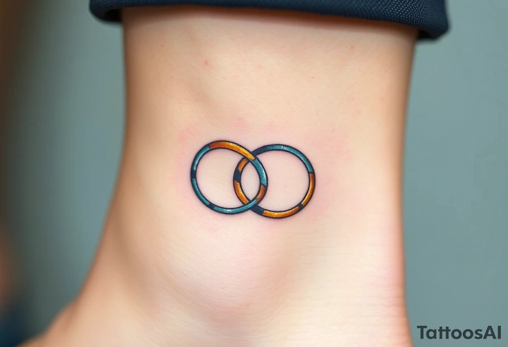 A delicate infinity symbol made of interlocking wedding rings, with soft metallic gold and silver tones tattoo idea