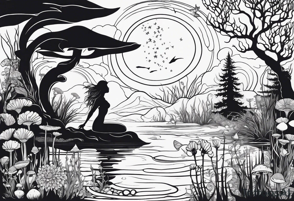 Mermaid silhouette in a swamp with cypress trees, mushrooms, and wild flowers. tattoo idea