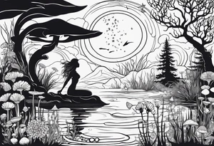 Mermaid silhouette in a swamp with cypress trees, mushrooms, and wild flowers. tattoo idea