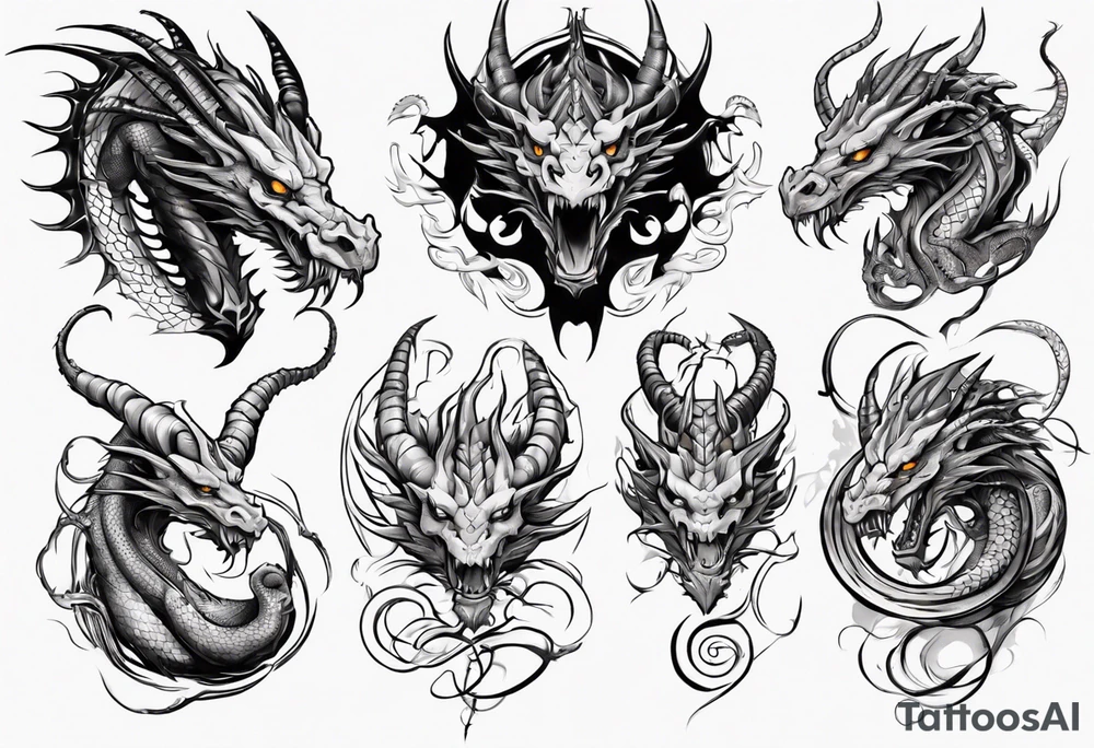 a long dragon intertwined along the arm with horns, mane, scales tattoo idea
