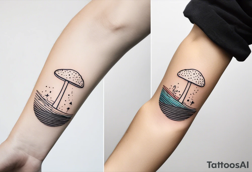 a simple line of icons down the back of the arm. there are four icons: 
1. a music note on a staff
2. a wave of water
3. a pocket
4. mushroom

each icon is half an inch big and they're all separated by small dots. there is a lot of blank space tattoo idea