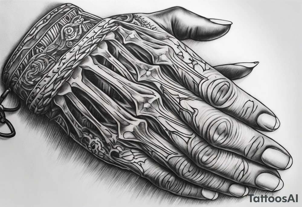 Hand of nurse reaching for skeleton hand. tattoo idea