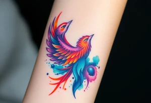 Phoenix in flames with purple, blue, orange, teal and green splashes, looking upwards with angry eye. No black outline. tattoo idea