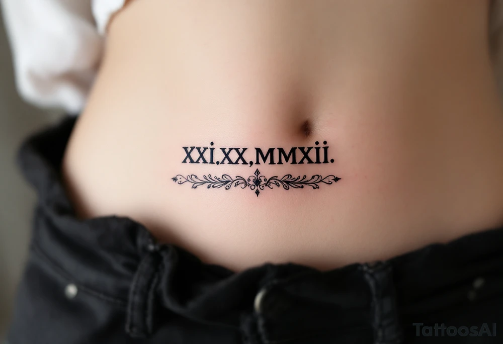 Elegant XXI.XI.MMXII in dark gray ink across the ribs, styled with subtle shadowing for a stone-carved effect. tattoo idea
