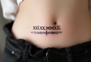 Elegant XXI.XI.MMXII in dark gray ink across the ribs, styled with subtle shadowing for a stone-carved effect. tattoo idea