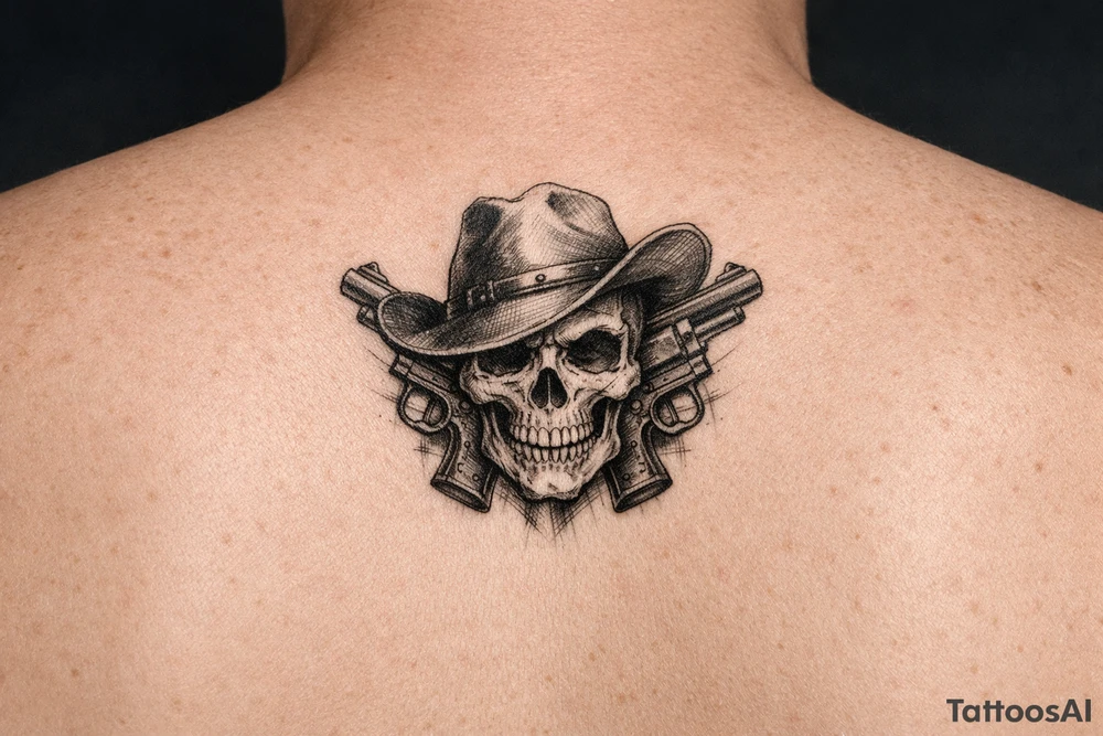 Close-up skull wearing a tilted cowboy hat, pistols flanking. tattoo idea