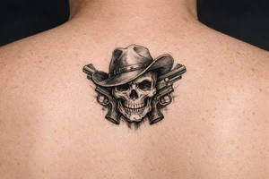 Close-up skull wearing a tilted cowboy hat, pistols flanking. tattoo idea