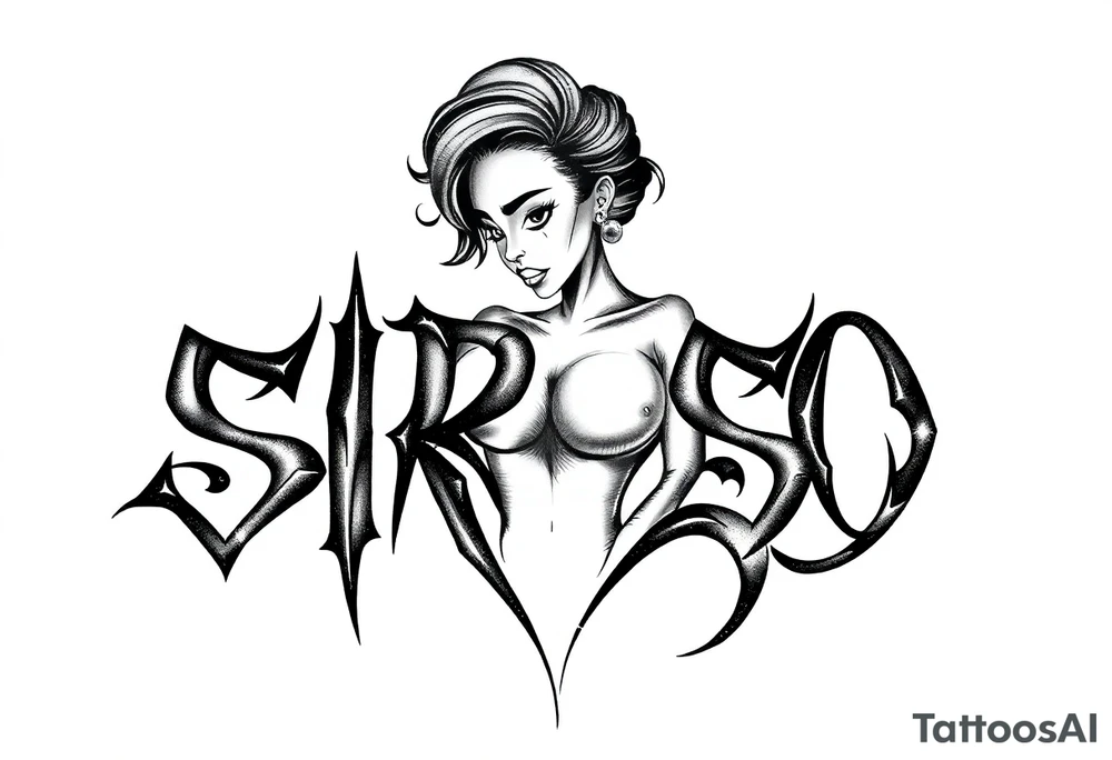 Abstract Tribal font saying “SIRISO” with all letters close together and the S in SIRISO connected to the O and a silloute of a sexy black  woman in the shape of the words tattoo idea