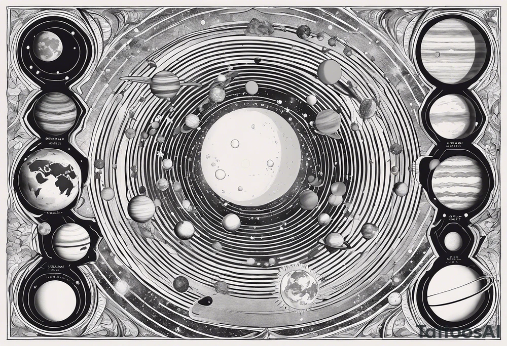 an accurate depiction of our solar system with each planet named in a sleeve tattoo format, minimalistic with thin lines and a lot of empty unfilled space tattoo idea