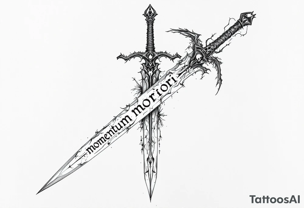 Momentum mori engraved on the sword with the Angel of Death holding the blade looking down on it tattoo idea